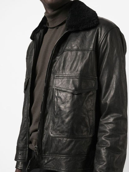 Shearling Collar Black Leather Jacket