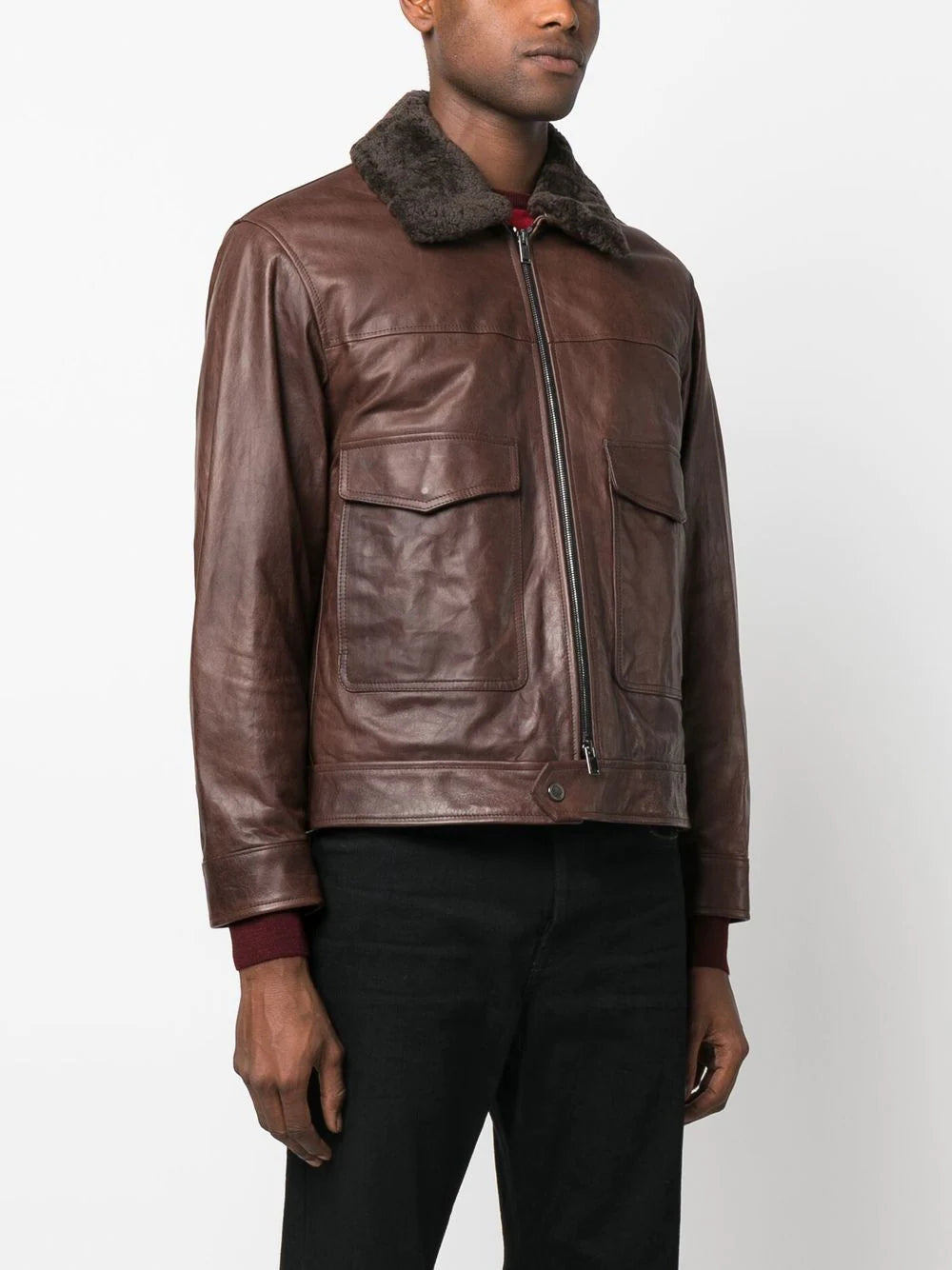 Shearling Collar Brown Leather Trucker Jacket