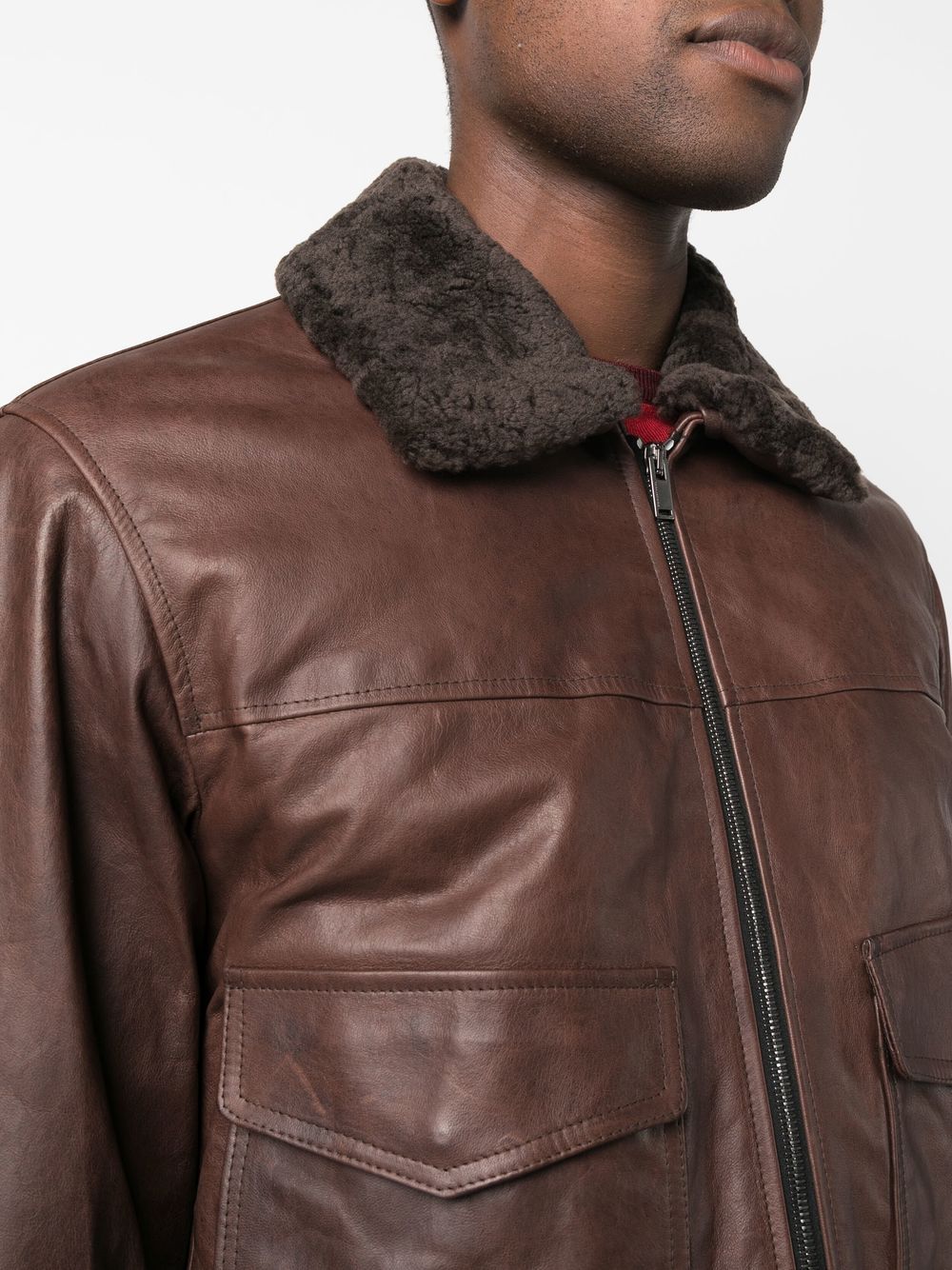 Shearling Collar Brown Leather Trucker Jacket