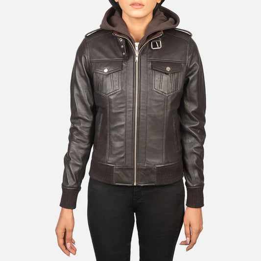Brown Women Hooded Leather Jacket