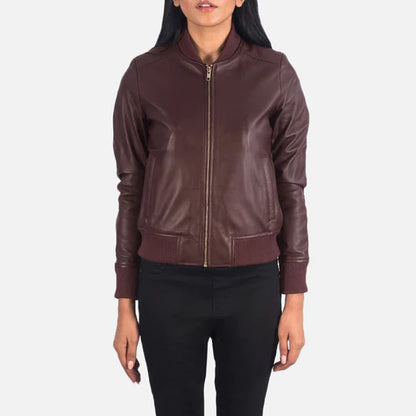 One Panel Leather Bomber Jacket Women Brown