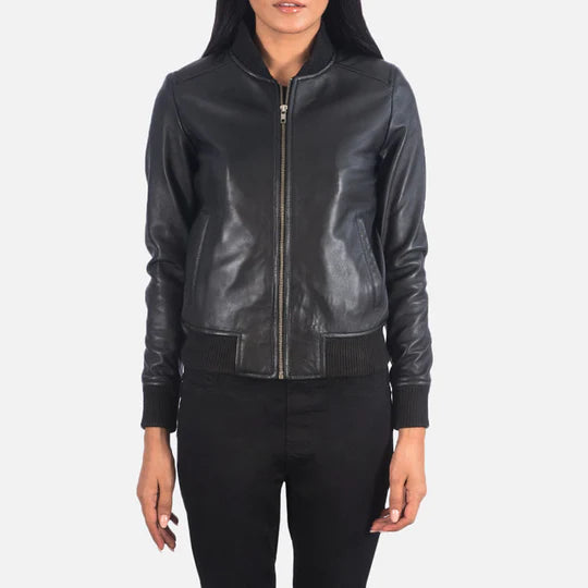 Black Leather Bomber Jacket for Women