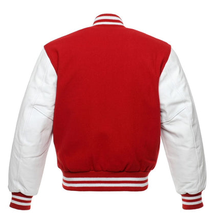 Men's Letterman Varsity Bomber Jacket with Striped Rib & Genuine Leather Sleeves - Red