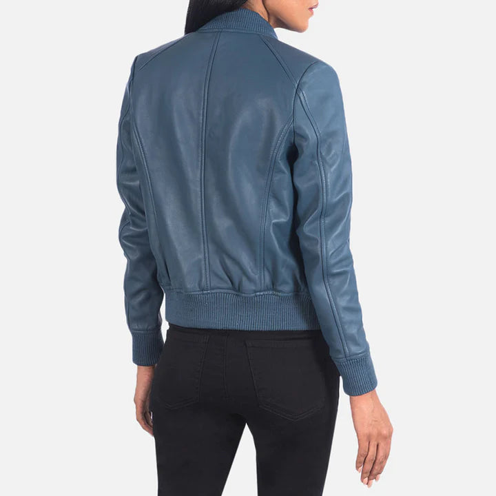 Bomber Blue Leather Jacket Womens
