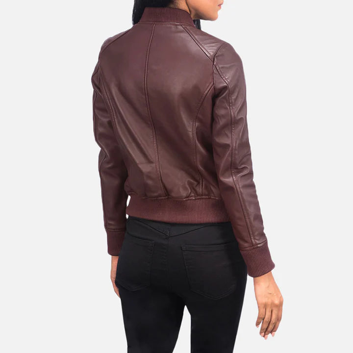 One Panel Leather Bomber Jacket Women Brown
