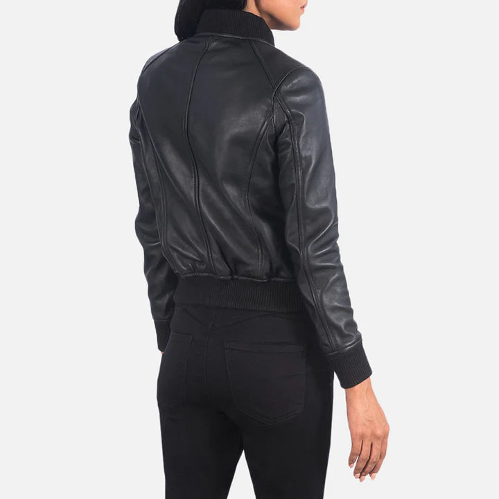 Black Leather Bomber Jacket for Women
