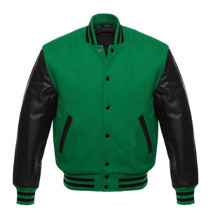 Men's Letterman Varsity Bomber Jacket with Striped Rib & Genuine Leather Sleeves - Green