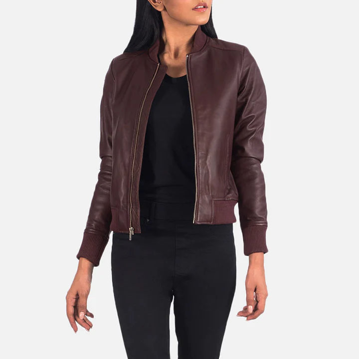 One Panel Leather Bomber Jacket Women Brown