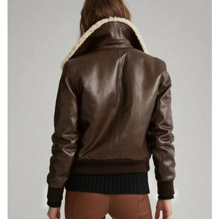Brown Aviator Sherpa Leather Jacket Womens