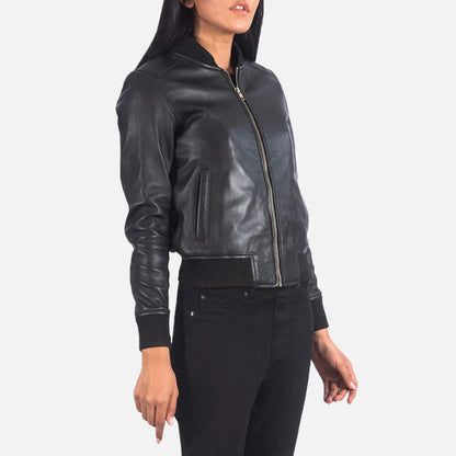 Black Leather Bomber Jacket for Women