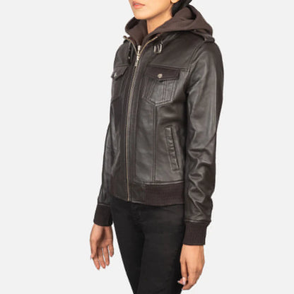 Brown Women Hooded Leather Jacket