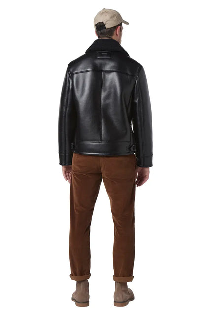 Shearling Collar Black Leather Pilot Jacket