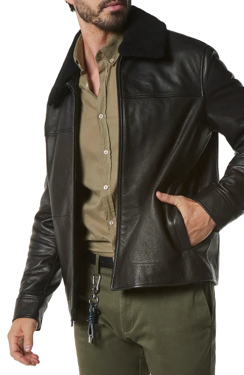 Black Genuine Leather Shearling Collar Jacket