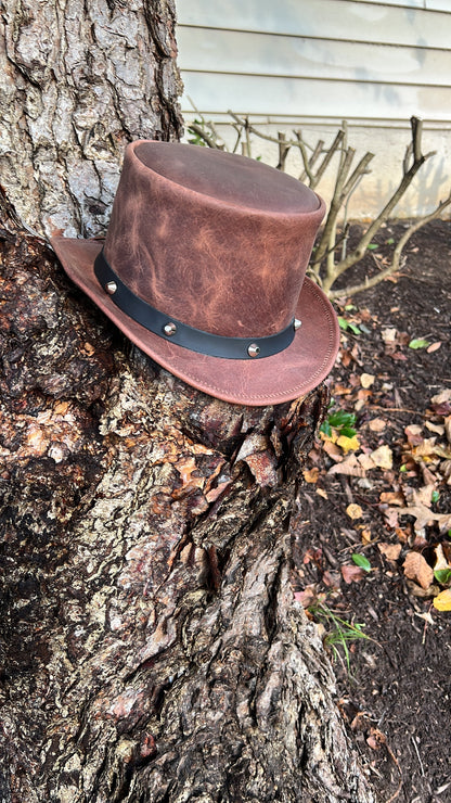 Distressed Style Classic Genuine Brown Leather Top Hat