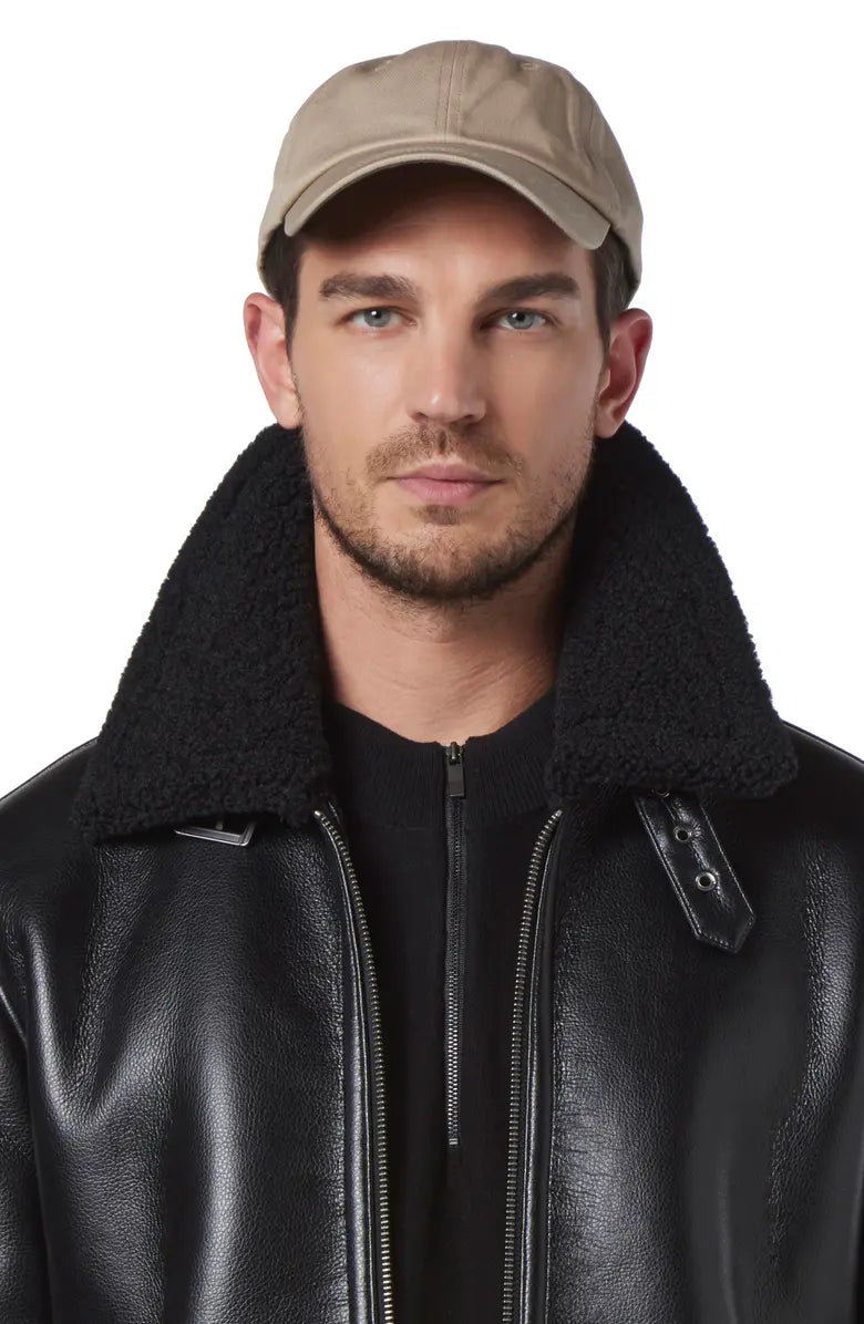 Shearling Collar Black Leather Pilot Jacket