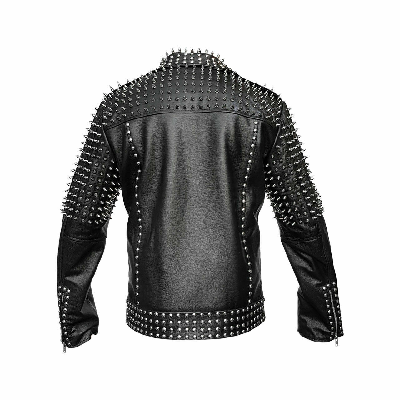 Mens Real Black Leather Spike Jacket Studded Punk Style Cropped Jacket