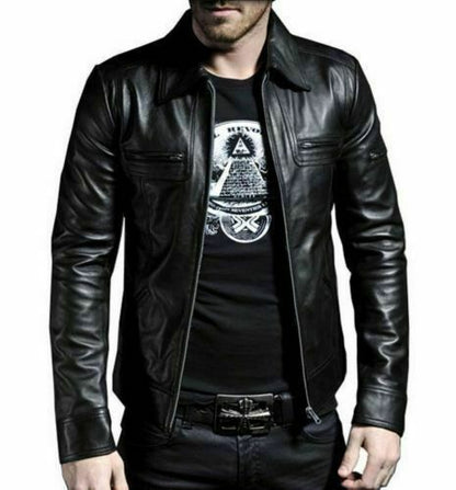 Mens Biker Black Slim Fit Leather Jacket