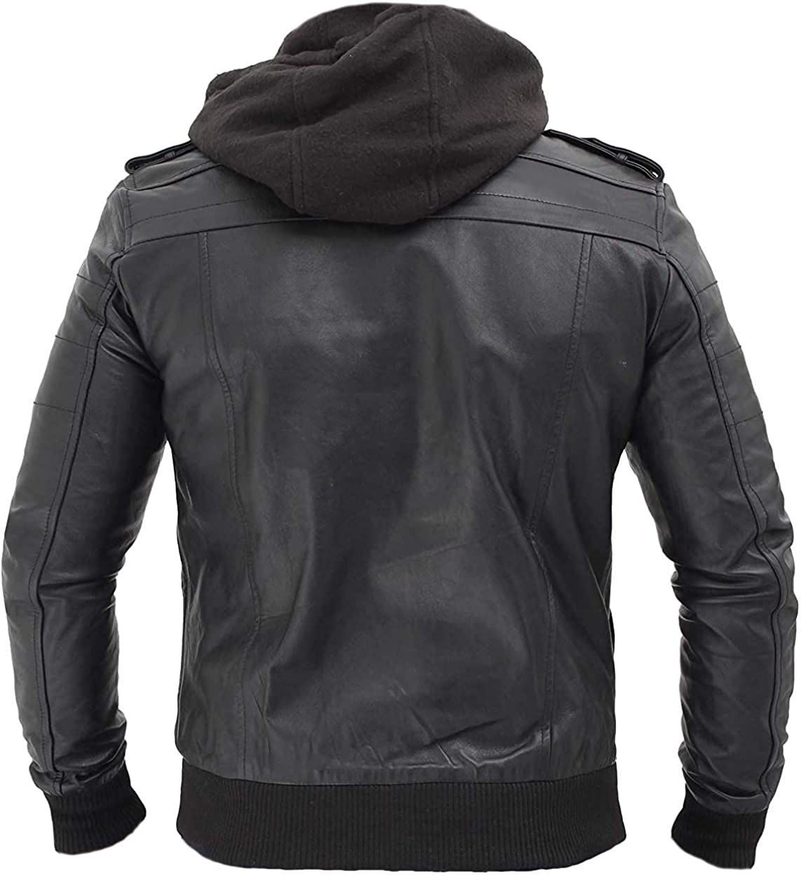 Men's Black Biker Style Leather Bomber Jacket With Hood
