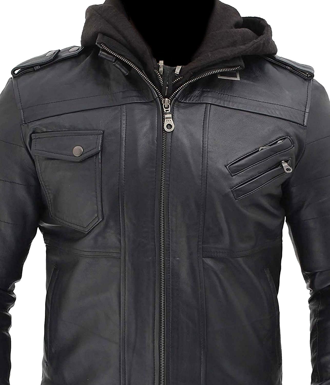 Men's Black Biker Style Leather Bomber Jacket With Hood