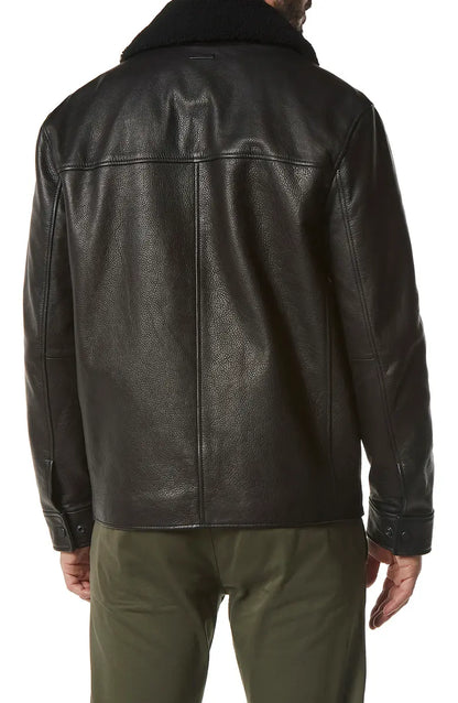 Black Genuine Leather Shearling Collar Jacket