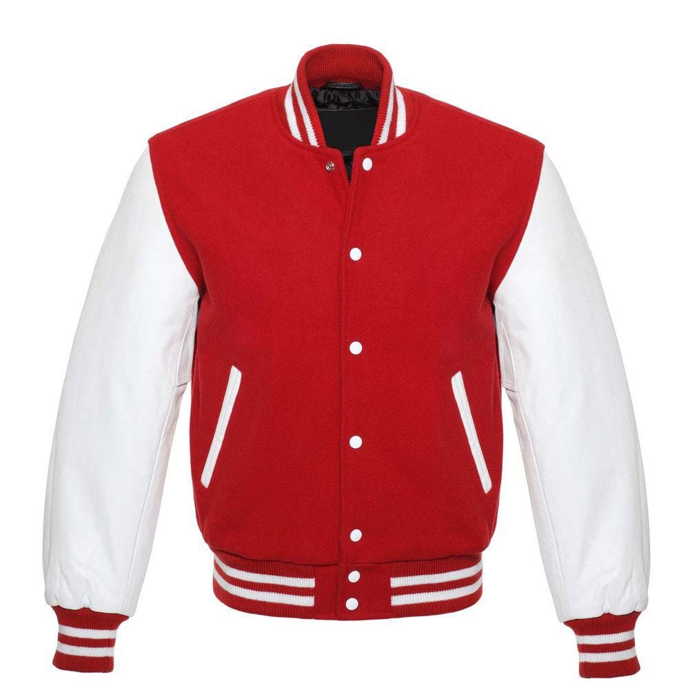 Men's Letterman Varsity Bomber Jacket with Striped Rib & Genuine Leather Sleeves - Red