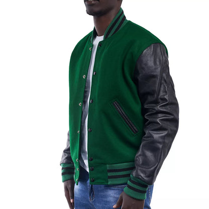 Men's Letterman Varsity Bomber Jacket with Striped Rib & Genuine Leather Sleeves - Green