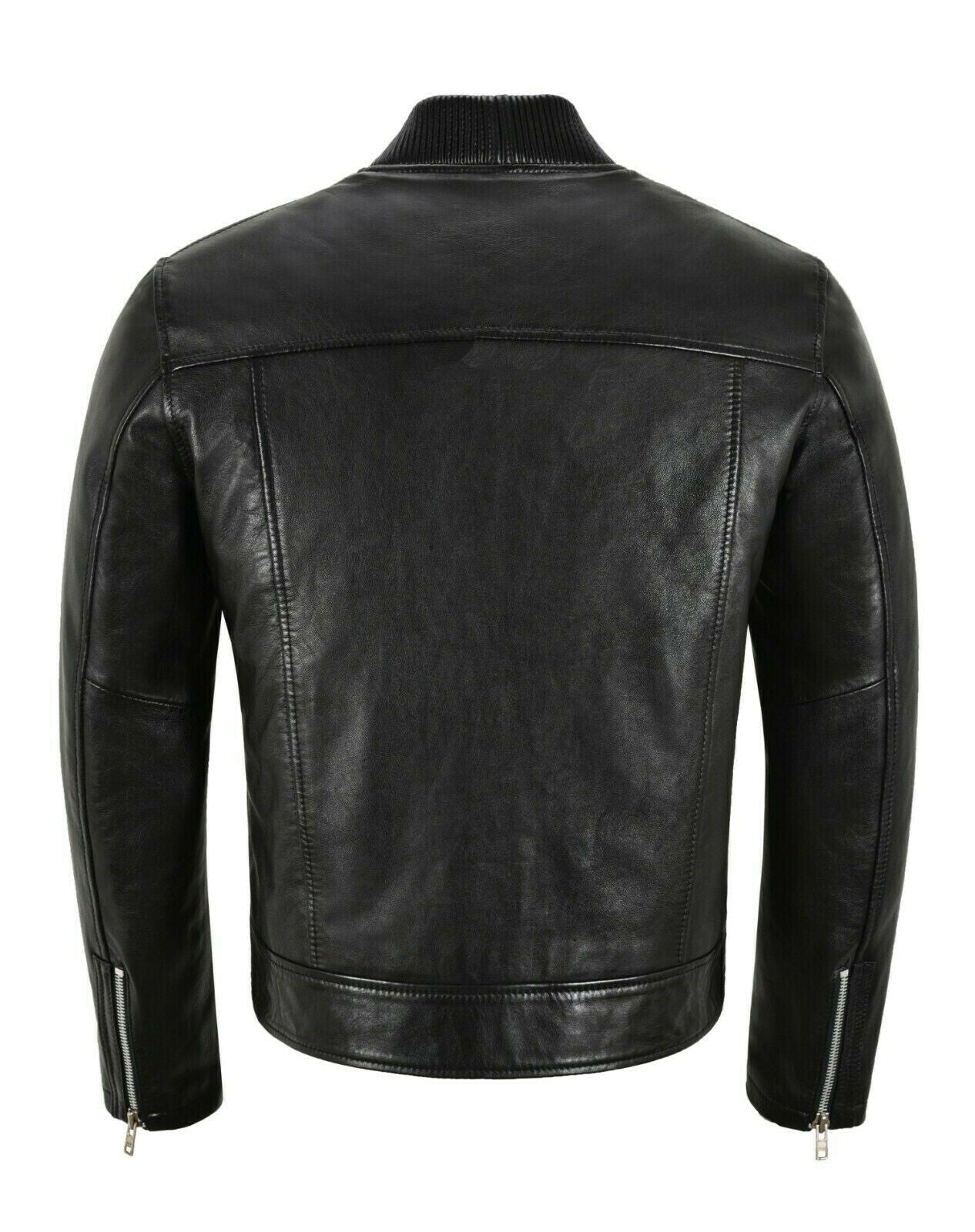 Men's Black Bomber Style Leather Trucker Jacket