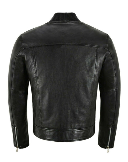 Men's Black Bomber Style Leather Trucker Jacket