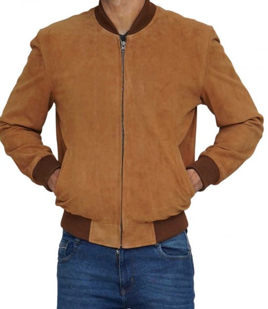 Men's Leather Brown Suede Bomber Jacket