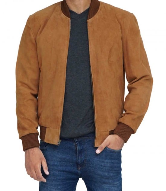 Men's Leather Brown Suede Bomber Jacket