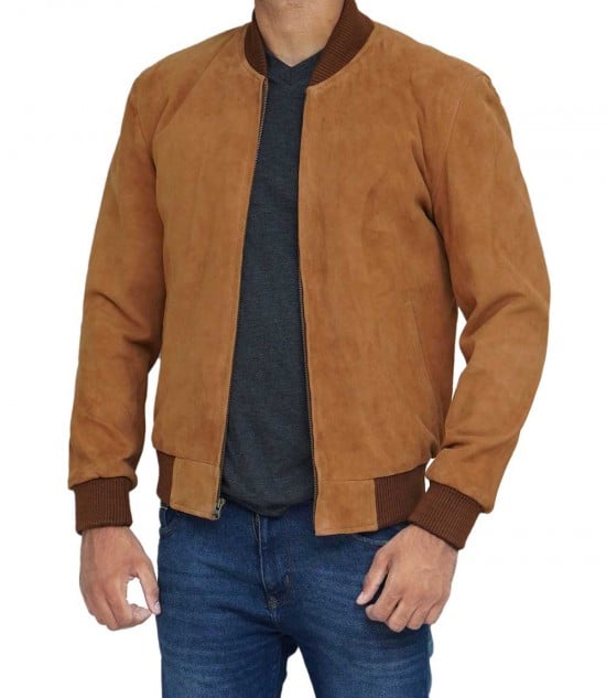 Men's Leather Brown Suede Bomber Jacket