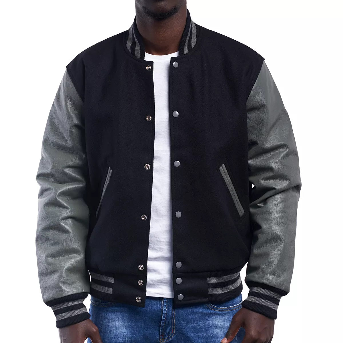 Men's Letterman Varsity Bomber Jacket with Striped Rib & Genuine Leather Sleeves - Black/Gray