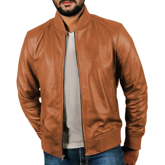 One Panel Brown Bomber Leather Jacket Mens