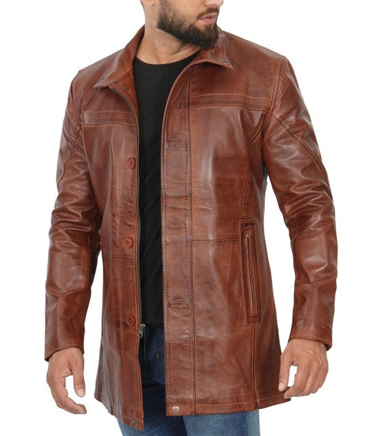 3/4 Length Distressed Mens Brown Leather Car Coat