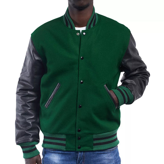 Men's Letterman Varsity Bomber Jacket with Striped Rib & Genuine Leather Sleeves - Green