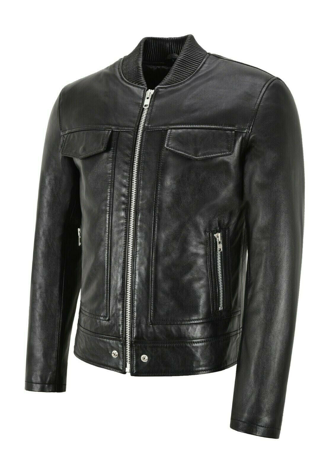 Men's Black Bomber Style Leather Trucker Jacket