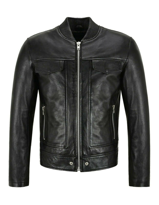 Men's Black Bomber Style Leather Trucker Jacket