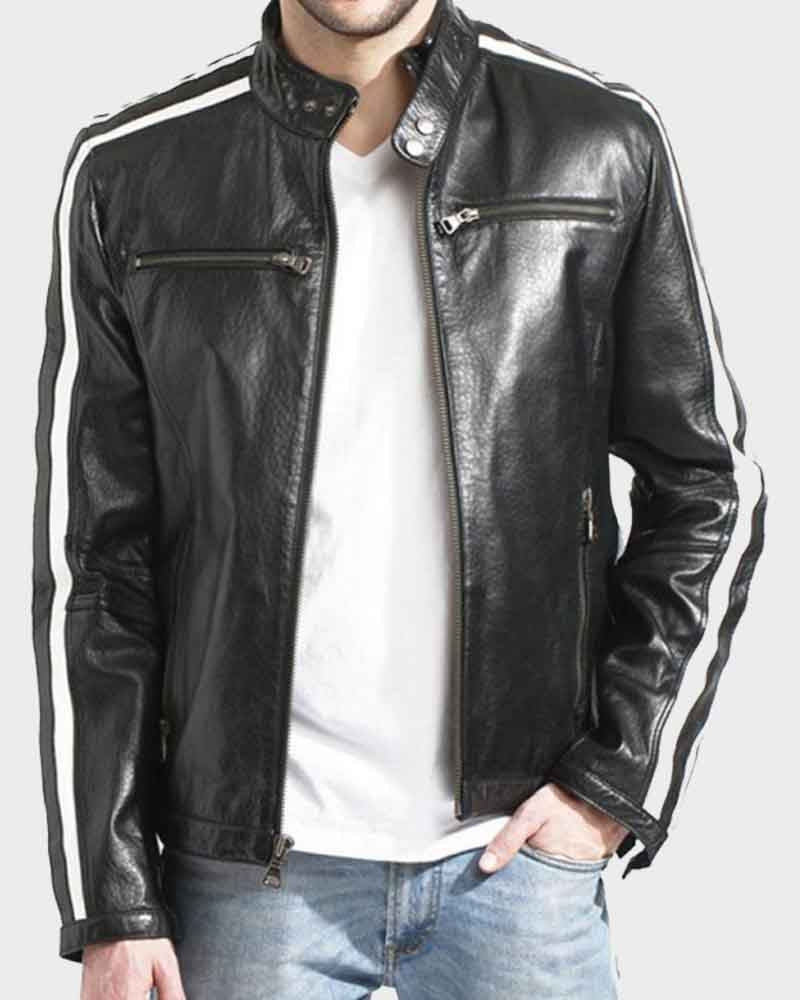 Snap Tab Collar Café Racer Leather Jacket Mens w/Striped Sleeves