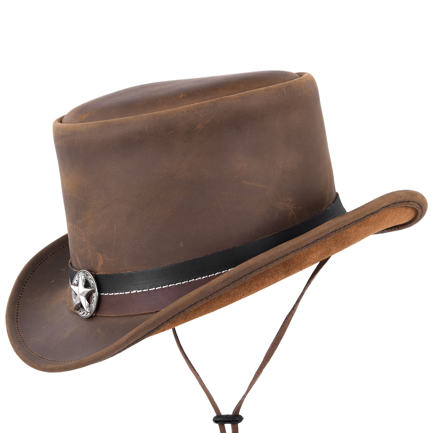 Vintage Leather Cowboy Hat with Star Hatband Brown Top Hat