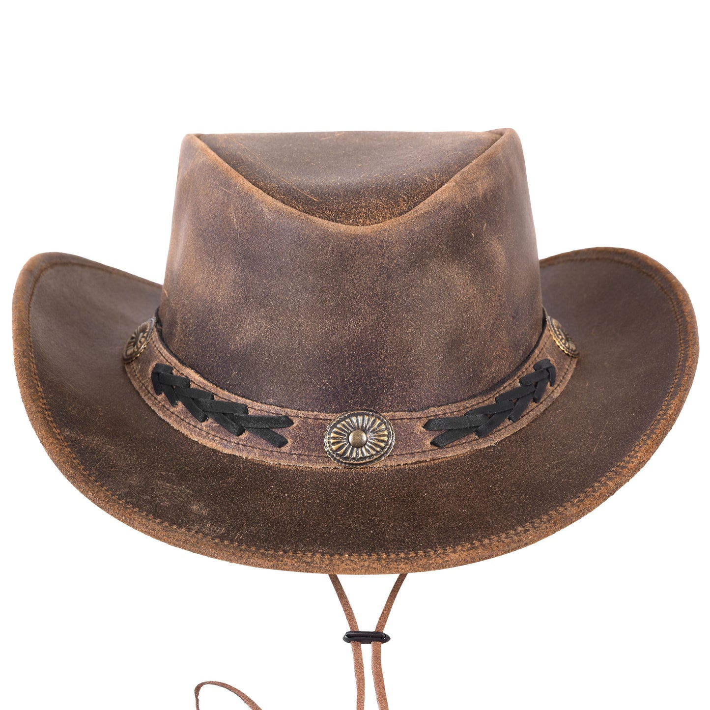 Vintage Leather Cowboy Hat Distressed Style with Braided Hat Band