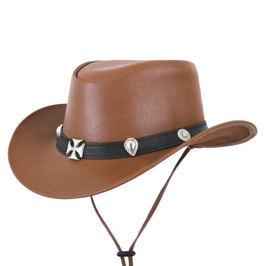 Western Style Tan Leather Cowboy Hat with Decorative Hat Band