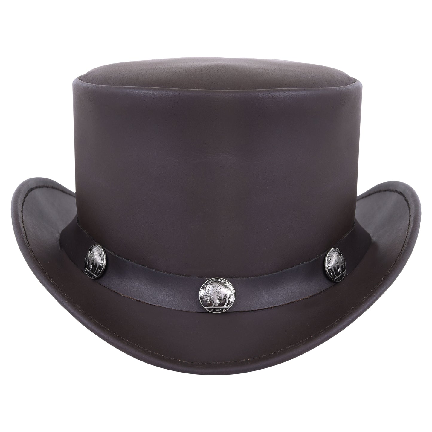 El Dorado Steampunk Cowhide Leather Brown Top Hat With Buffalo Nickel Band
