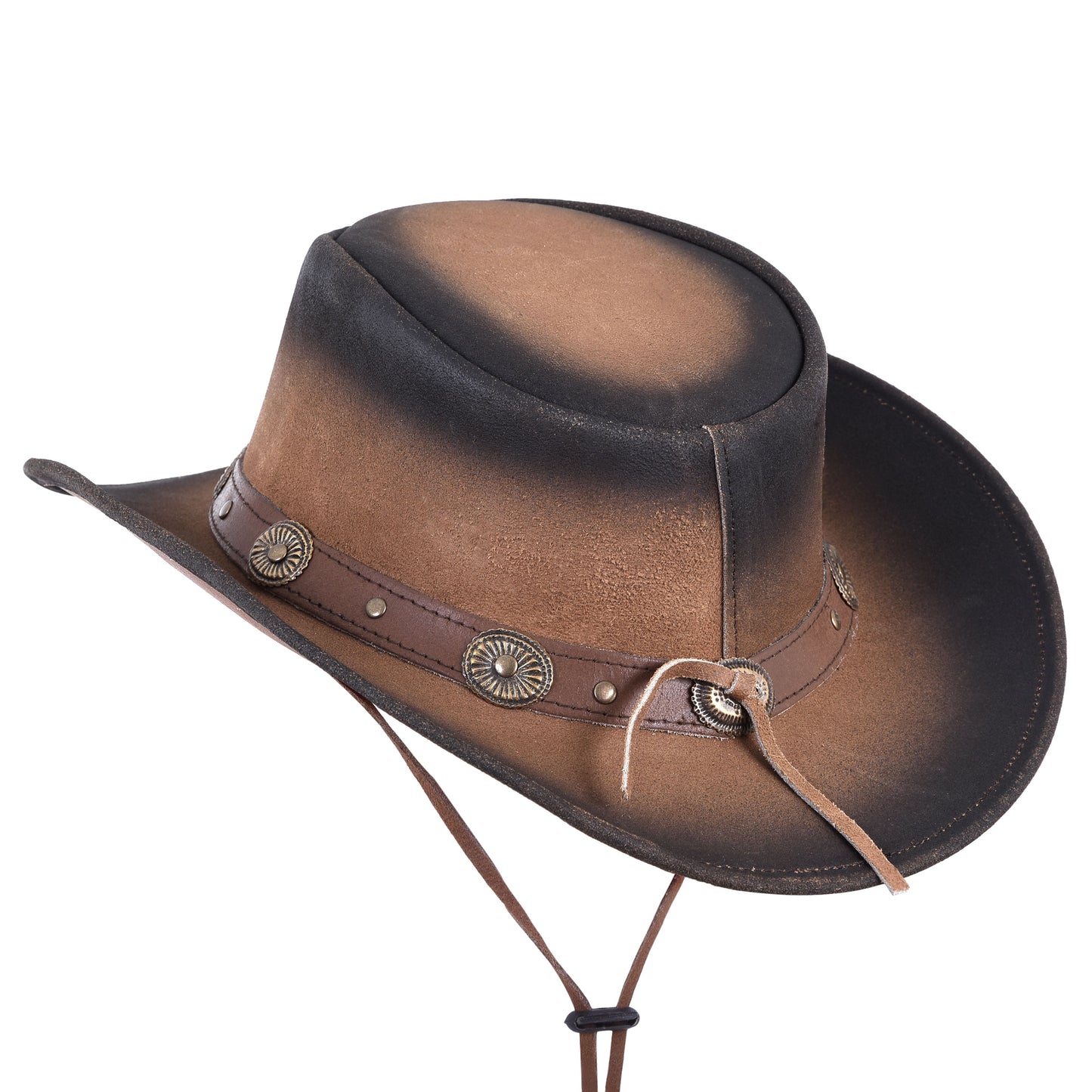 Leather Wester Hat Dual Tone Large Brim Genuine Leather With Buffalo Nickel Band