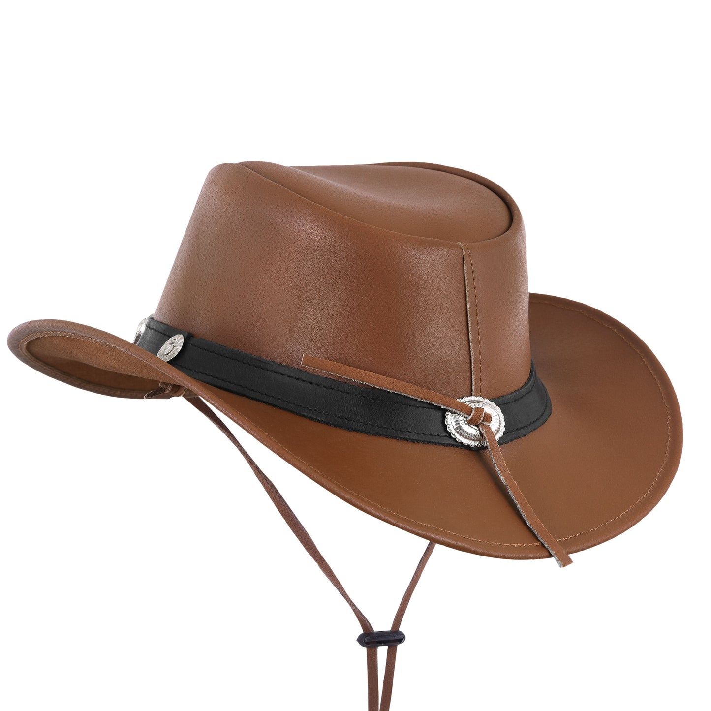 Western Style Tan Leather Cowboy Hat with Decorative Hat Band
