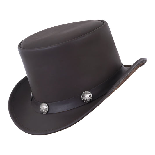 El Dorado Steampunk Cowhide Leather Brown Top Hat With Buffalo Nickel Band