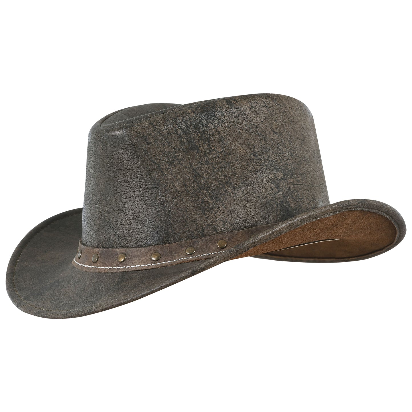 Men's Distressed Black Cowboy Hat in Brown Genuine Leather