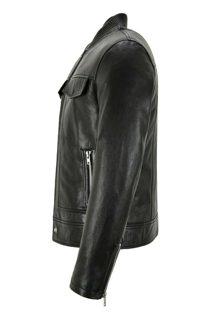 Men's Black Bomber Style Leather Trucker Jacket