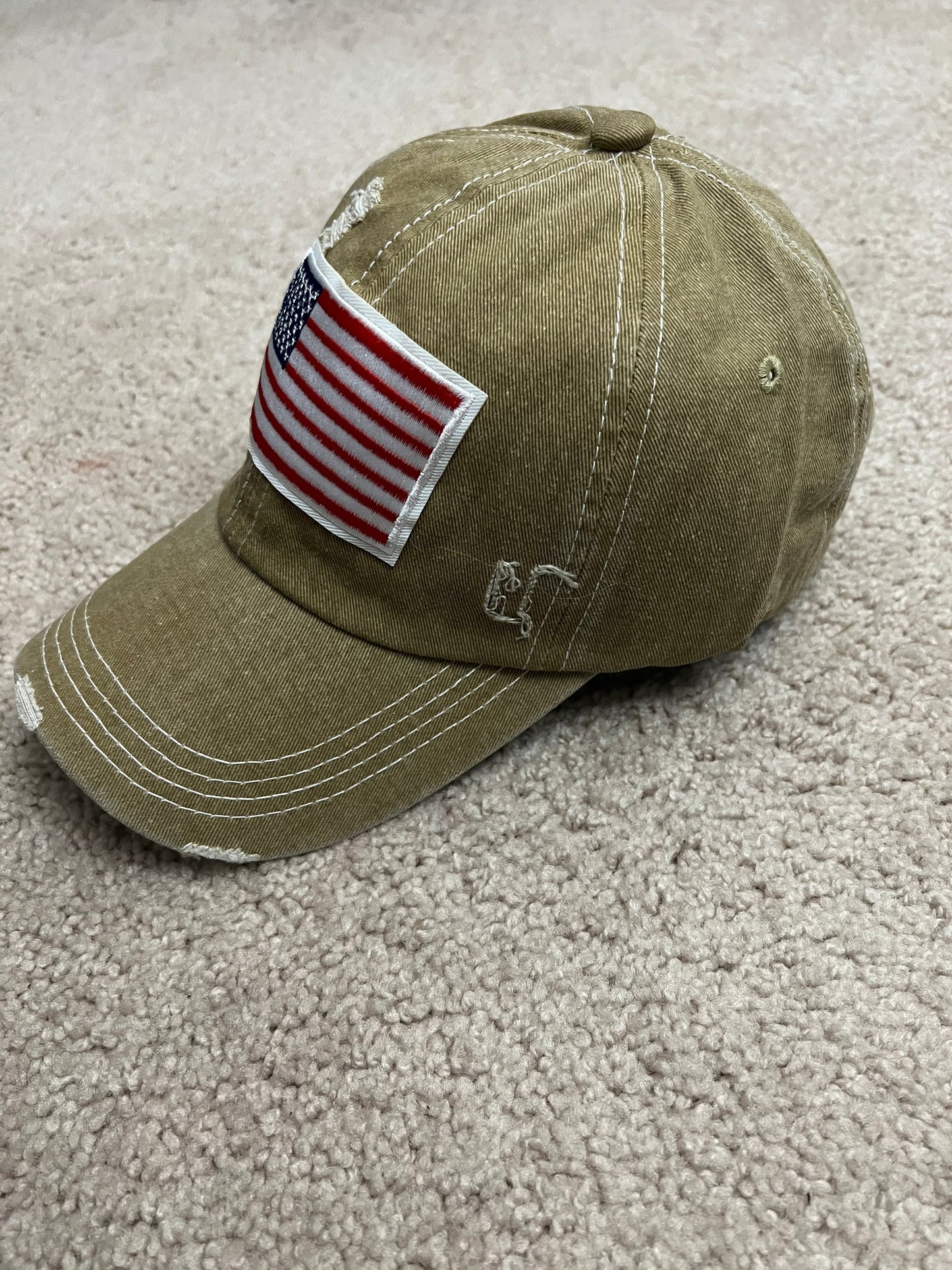 Khaki Distressed Denim Baseball Style Cap American Flag Hat