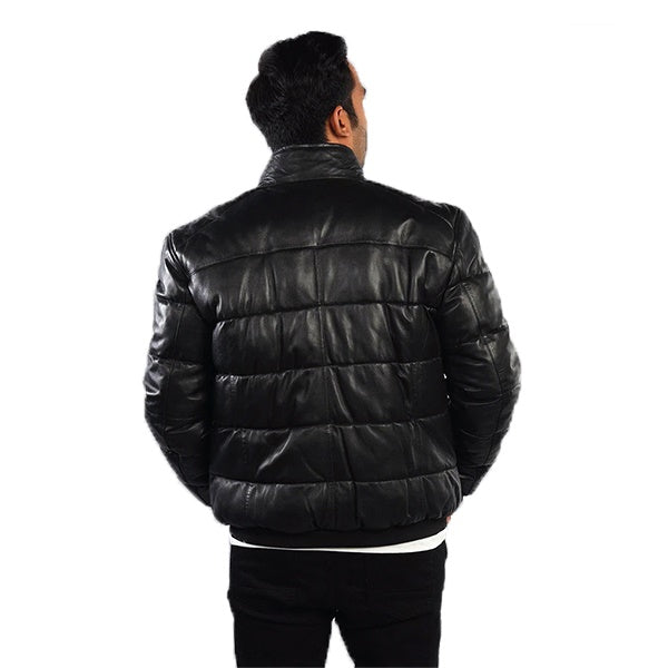 Genuine Black Leather Quilted Bomber Jacket Men