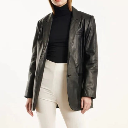 Women Genuine Black Leather Blazer Jacket